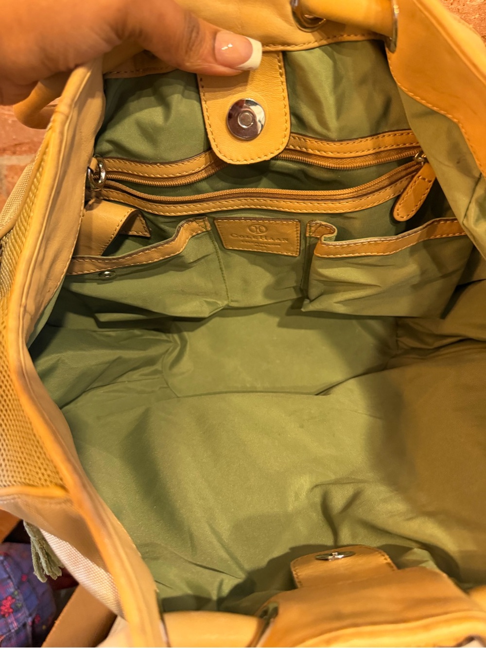 Cole Haan Tan Shoulder Tote with Olive and Yellow Stripe - Picture 8 of 8